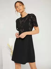 SHEIN Scallop Trim Laser Cut Front Dress - Black - View 1