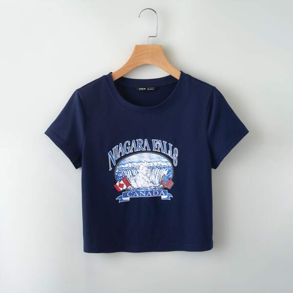 

Plus Letter & Flag Print Crop Tee, Navy blue
