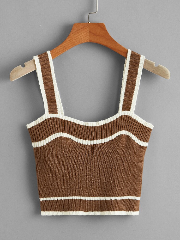 Striped Crop Knit Top - Coffee Brown - View 1