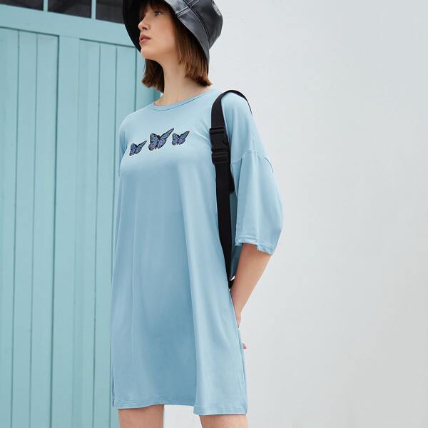 

Drop Shoulder Butterfly Print Longline Tee, Pastel baby blue