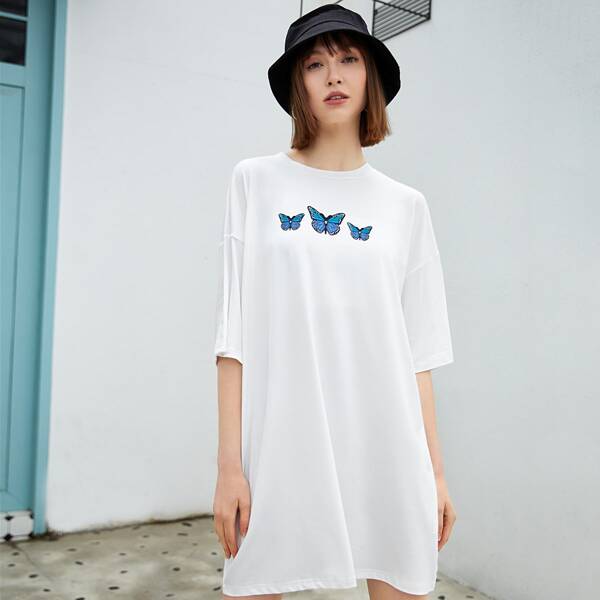 

Drop Shoulder Butterfly Print Longline Tee, White