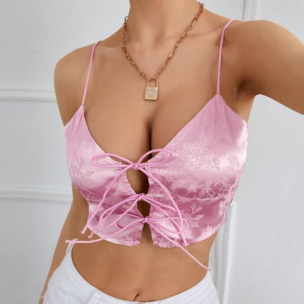 

Satin Jacquard Tie Front Cami Top, Baby pink