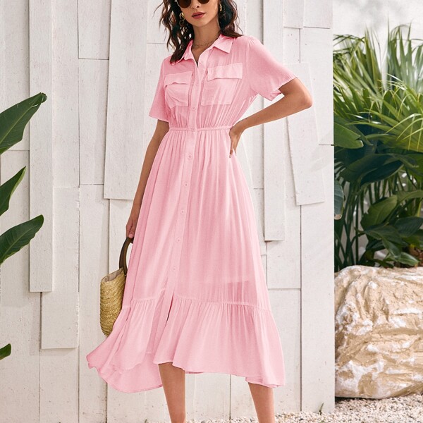 

Dual Pocket Button Up Shirt Dress, Baby pink