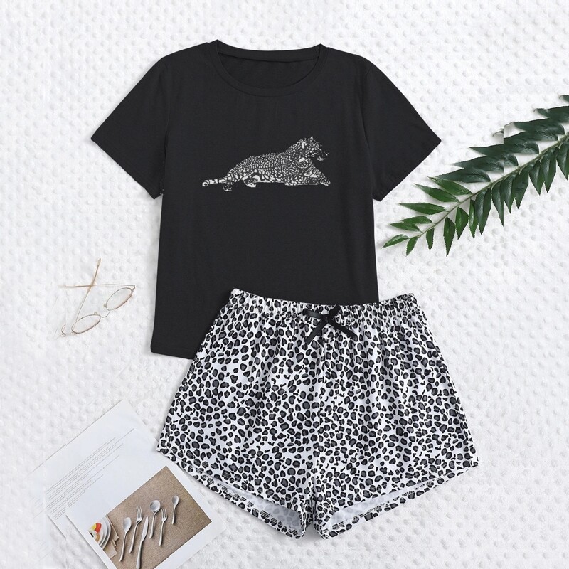 Leopard Print Bow PJ Set, Black and white