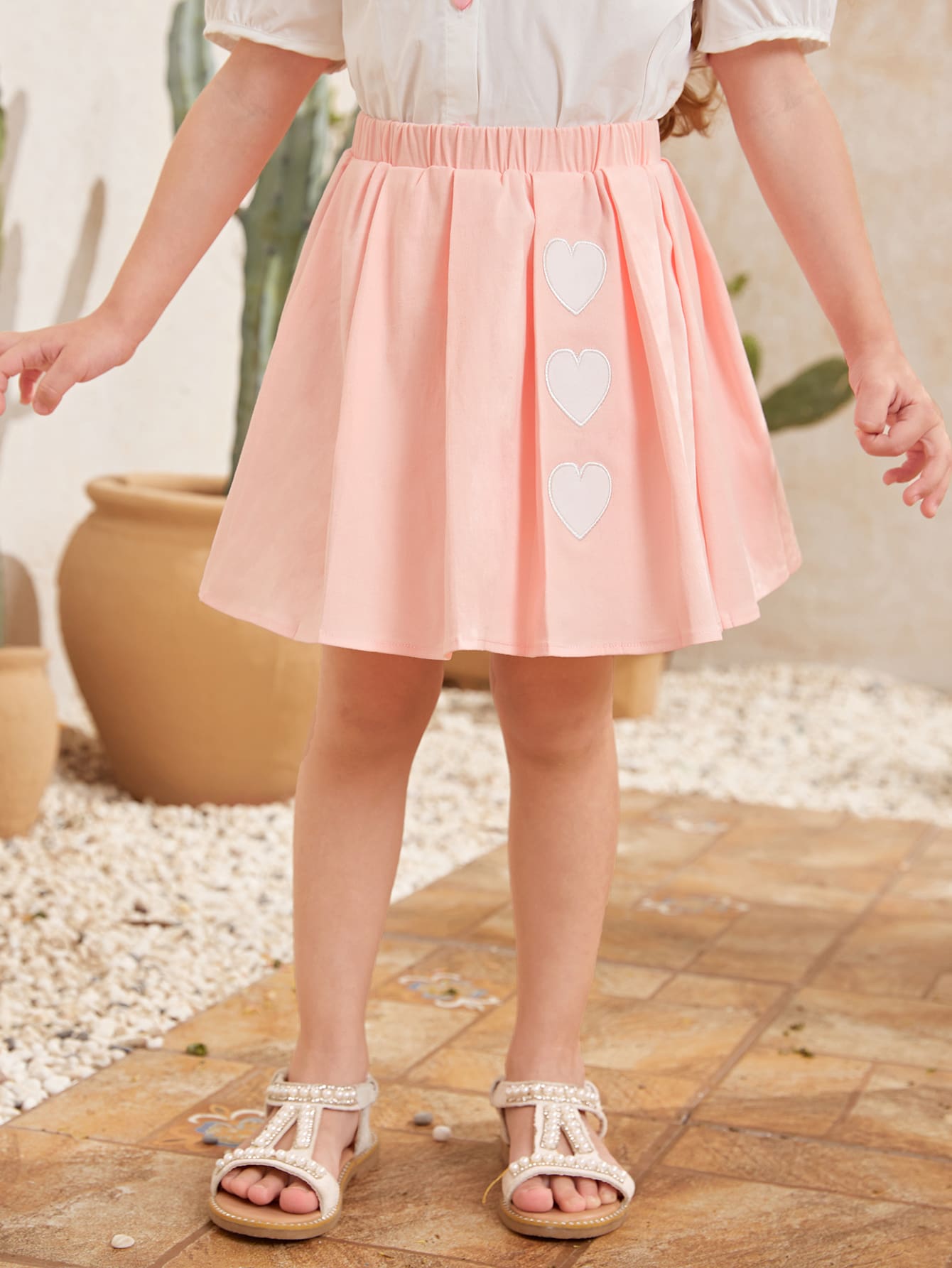 SHEIN Toddler Girls Heart Embroidery Skater Skirt - Coral Pink - View 1