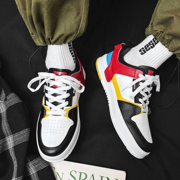 

Men Color Block Lace-up Front Skate Shoes, Red and white