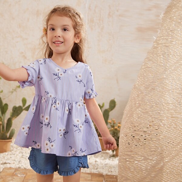 

Toddler Girls Floral and Striped Peplum Top & Shorts Set, Lilac purple