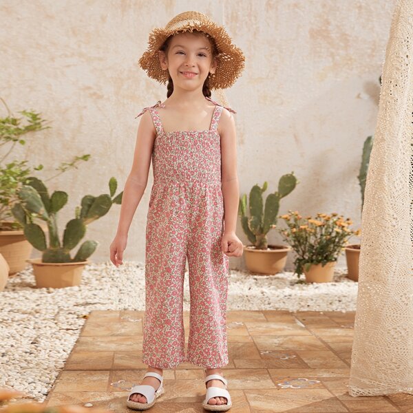 

Toddler Girls Knot Strap Shirred Bodice Floral Print Jumpsuit, Multicolor