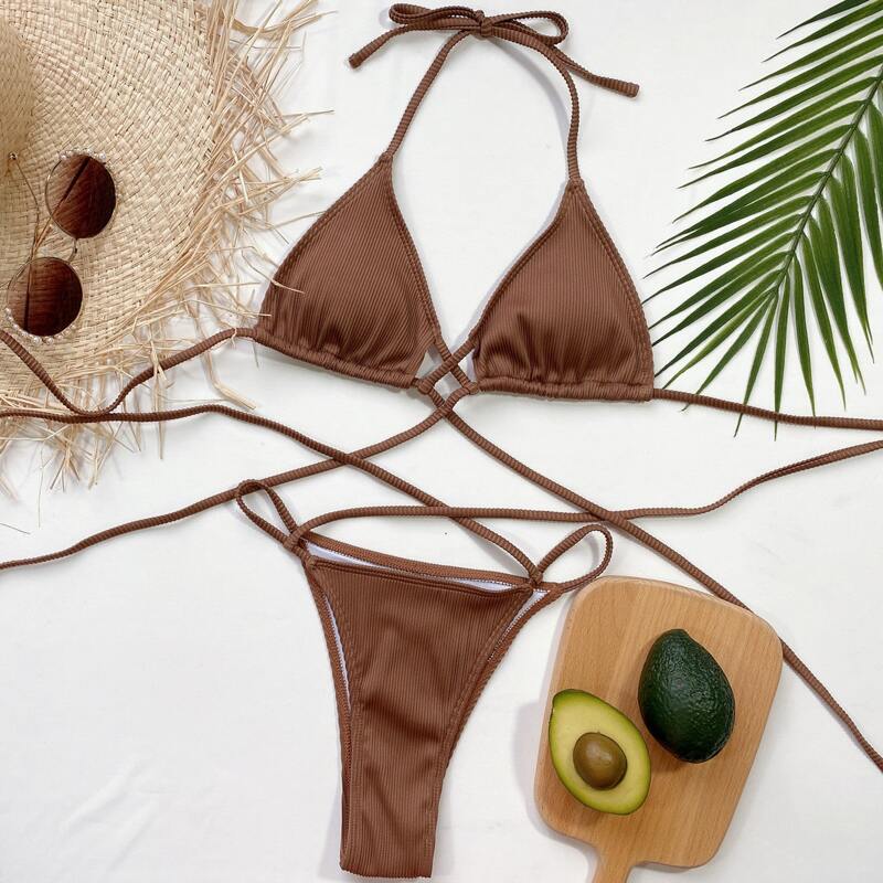 

Rib Crisscross Halter Thong Bikini Swimsuit, Coffee brown