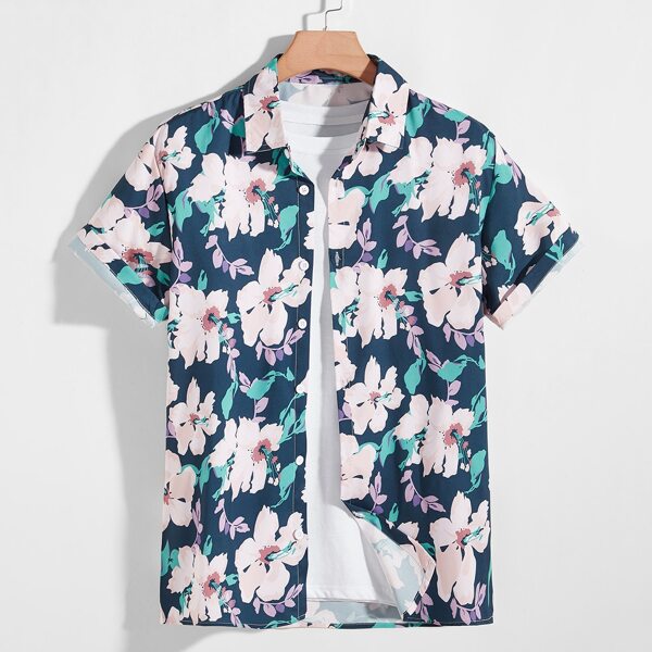 

Men Floral Print Button Through Shirt, Multicolor