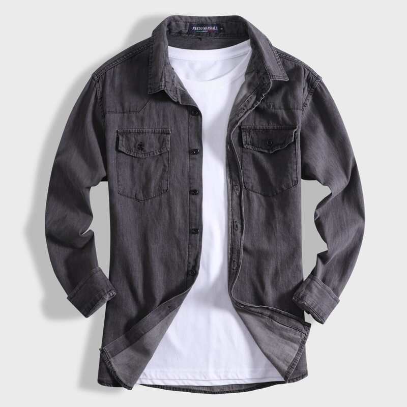 

Guys Flap Pockets Denim Shirt Without Tee, Grey