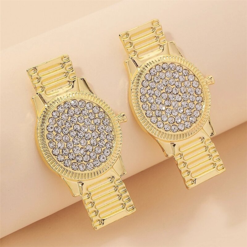 

Rhinestone Decor Watch Design Earrings, Gold