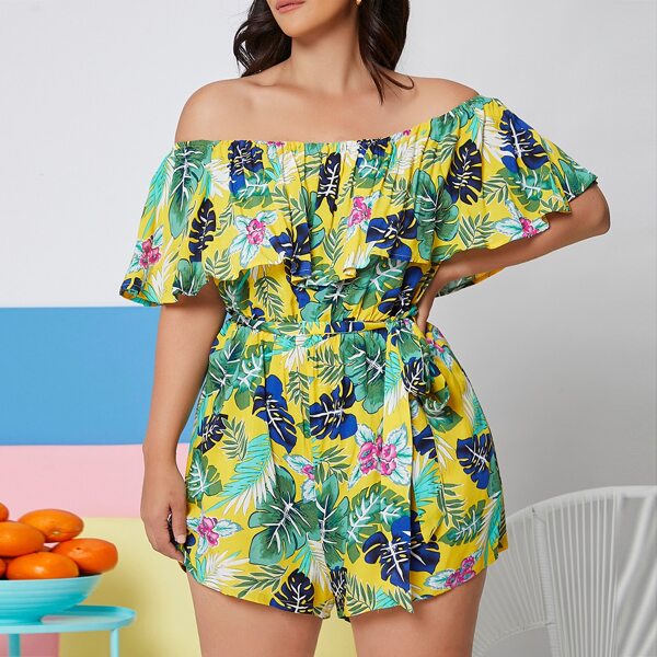 

Plus Foldover Off Shoulder Tropical Print Romper, Multicolor