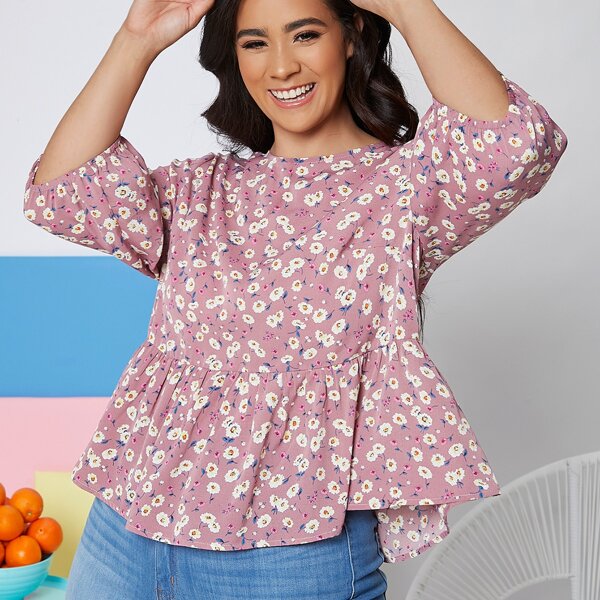 

Plus Ditsy Lantern Sleeve Floral Ruffle Hem Top, Multicolor