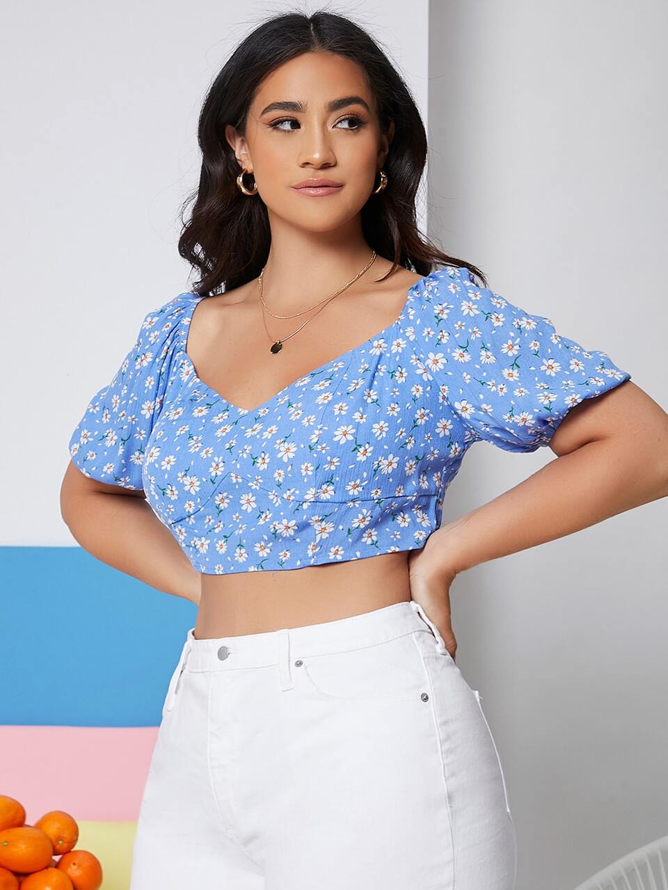 Plus Ditsy Floral Puff Sleeve Shirred Back Crop Top
