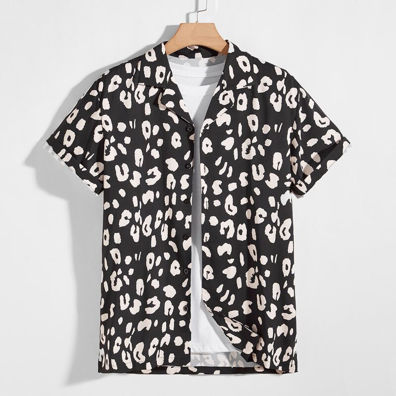 Guys Allover Print Button Front Shirt, Black and white