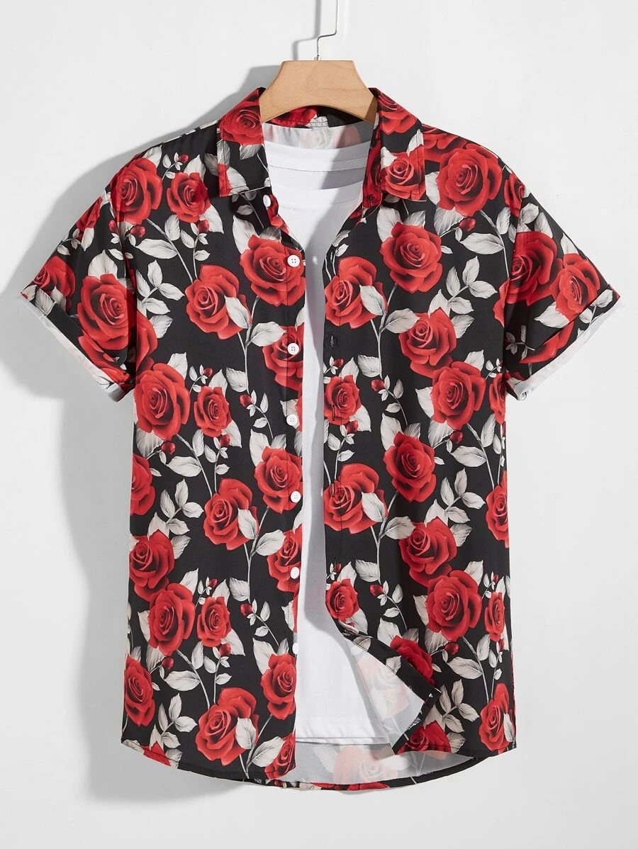 Manfinity Hombres Camisa con estampado de rosa - Multicolor - Ver 1
