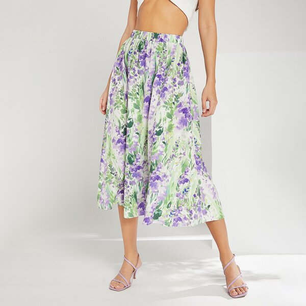 

Allover Floral Print Elastic Waist Skirt, Multicolor