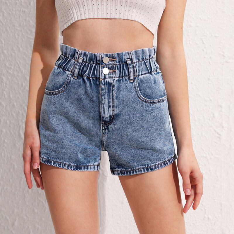 

Paperbag Waist Button Fly Denim Shorts, Medium wash