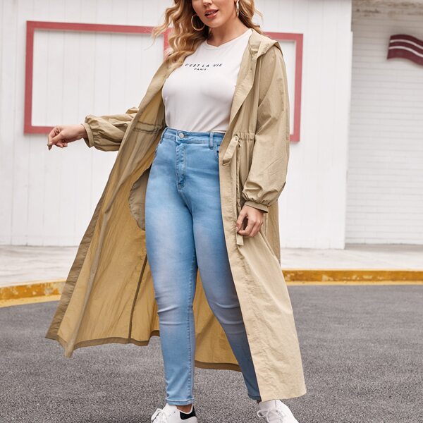 

Plus Drawstring Waist Hooded Trench Coat, Khaki