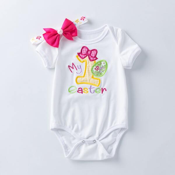 

Baby Girl Embroidered Tee Bodysuit & Headband, White