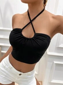 Allurite Crisscross Tie Back Halter Top - Black - View 3