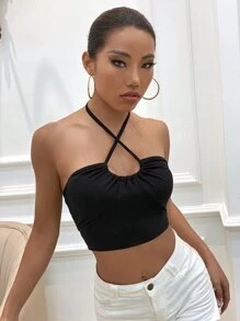 Allurite Crisscross Tie Back Halter Top - Black - View 6