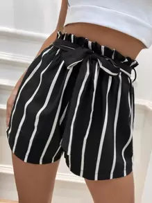 SHEIN LUNE Striped Paper Bag Waist Belted Shorts - Black and White - View 3