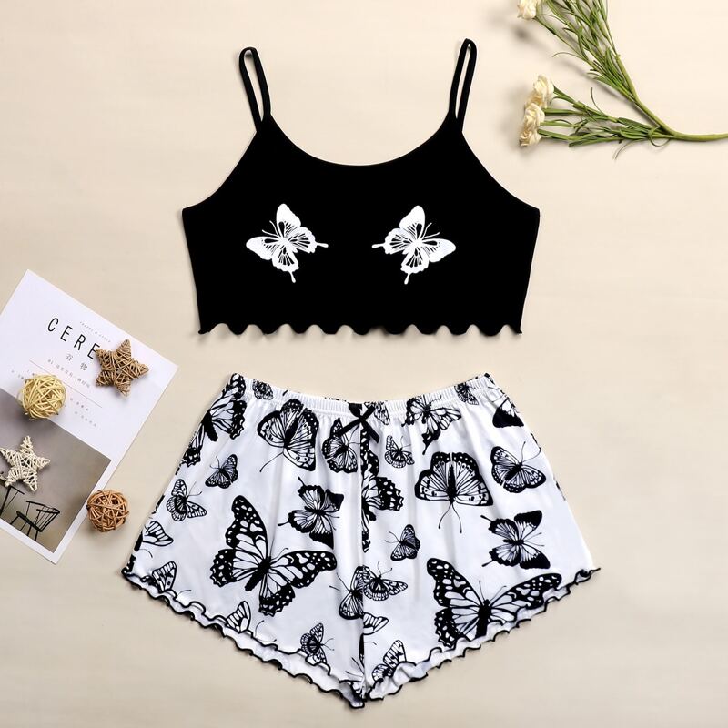 

Butterfly Print Lettuce Trim Cami PJ Set, Black and white