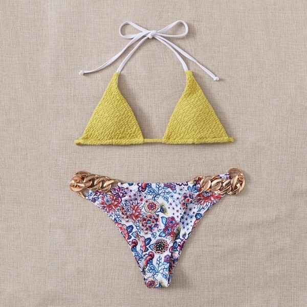 

Floral Graphic Chain Detail Micro Triangle Bikini Swimsuit, Multicolor