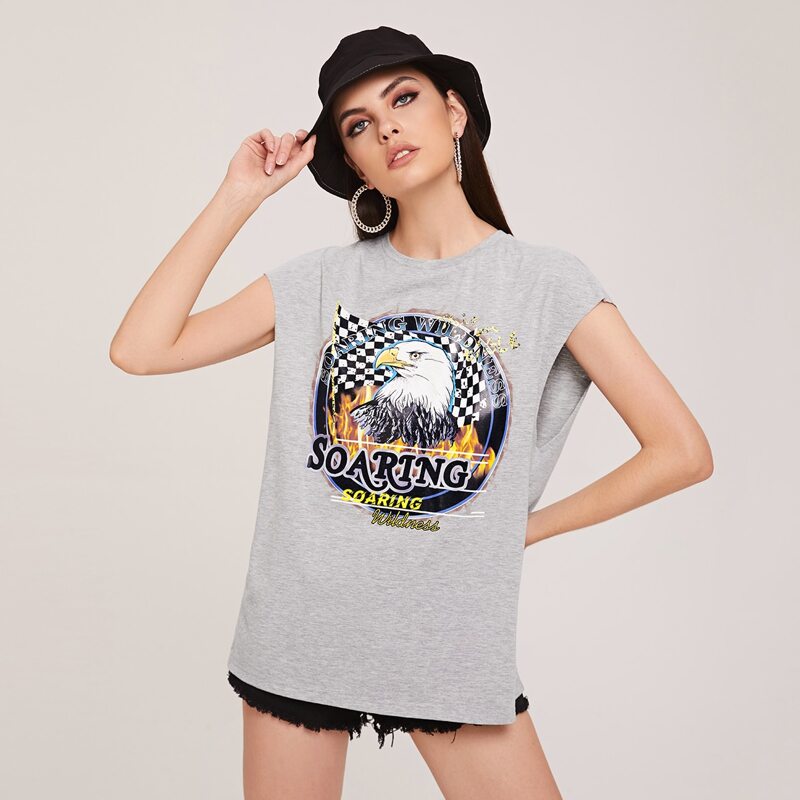 

Cap Sleeve Eagle & Letter Print Tee, Light grey