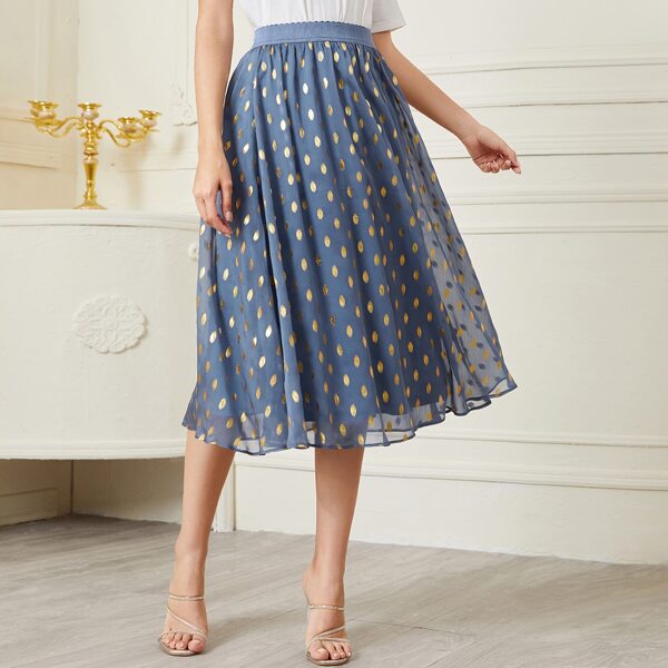 

Elastic Waist Allover Gold Dot Print Chiffon Skirt, Dusty blue