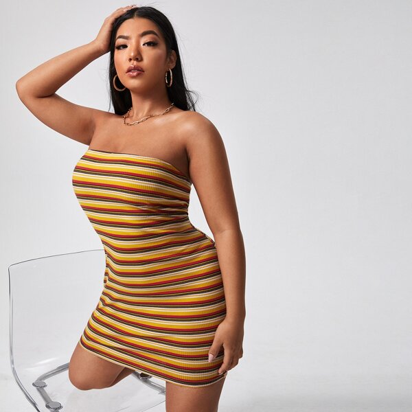 

Plus Striped Print Tube Mini Dress, Multicolor