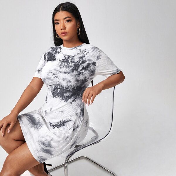 

Plus Tie Dye Rib-knit Fitted Dress, Black and white