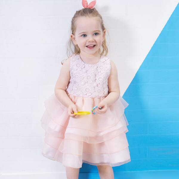 

Toddler Girls Guipure Lace Bodice Layered Hem Dress, Baby pink