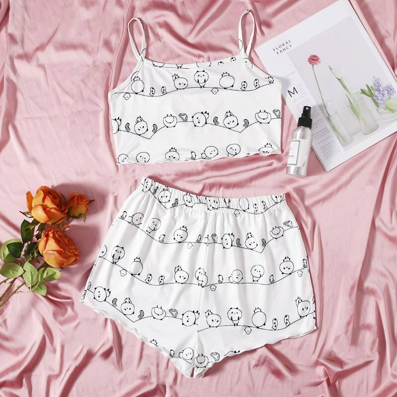 

Panda Print Crop Cami Top & Shorts, White