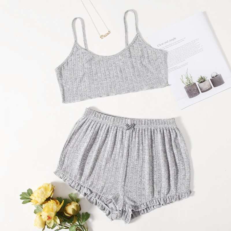 

Frill Trim Cami Lounge Set, Grey