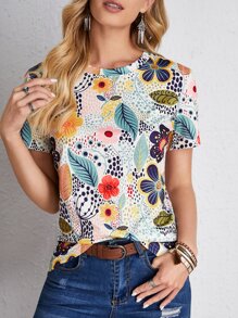 EMERY ROSE Plants Print Crew Neck Tee - Multicolor - View 1