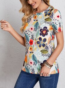 EMERY ROSE Plants Print Crew Neck Tee - Multicolor - View 4