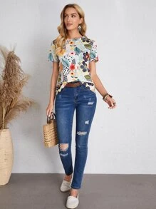 EMERY ROSE Plants Print Crew Neck Tee - Multicolor - View 5