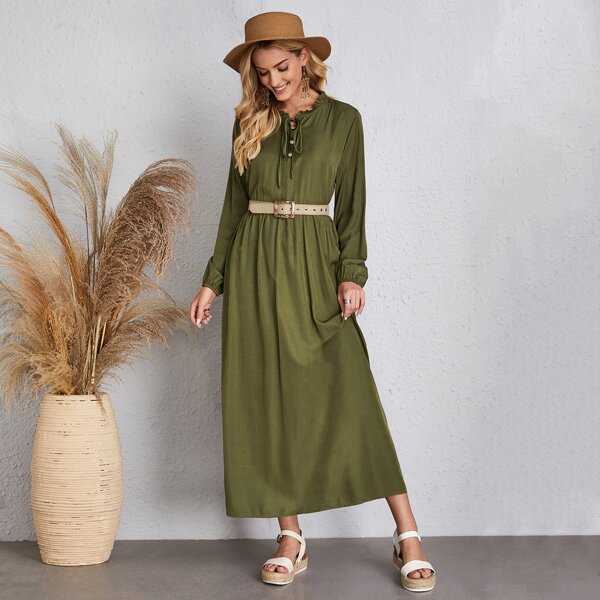 

Frill Trim Tie Neck Dress Without Belt, Olive green