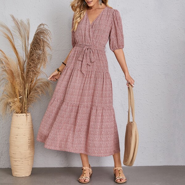 

Ditsy Floral Belted Surplice Front Dress, Red and white
