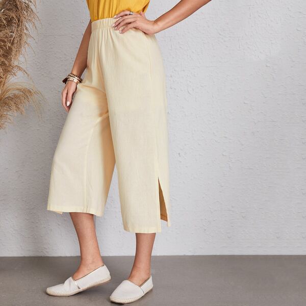 

Solid Split Wide Leg Pants, Beige