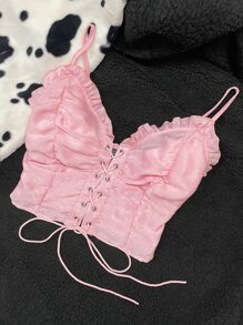 Lace Up Front Shirred Cami Top - Baby Pink - View 1