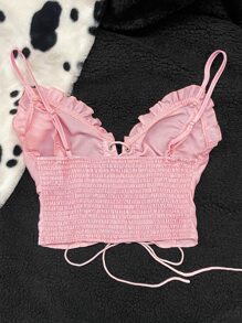 Lace Up Front Shirred Cami Top - Baby Pink - View 2