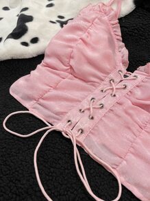 Lace Up Front Shirred Cami Top - Baby Pink - View 3