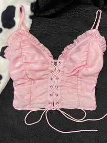 Lace Up Front Shirred Cami Top - Baby Pink - View 4