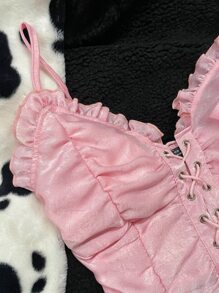 Lace Up Front Shirred Cami Top - Baby Pink - View 5