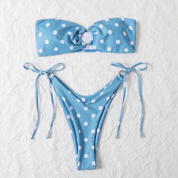 

Polka Dot Ring Linked Bandeau Bikini Swimsuit, Blue and white