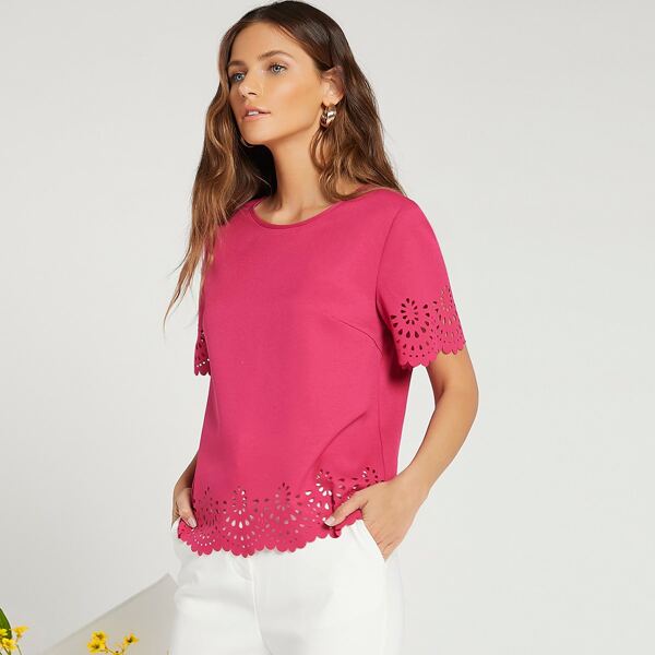 

Edge Laser Cut Round Neck Keyhole Back Top, Hot pink